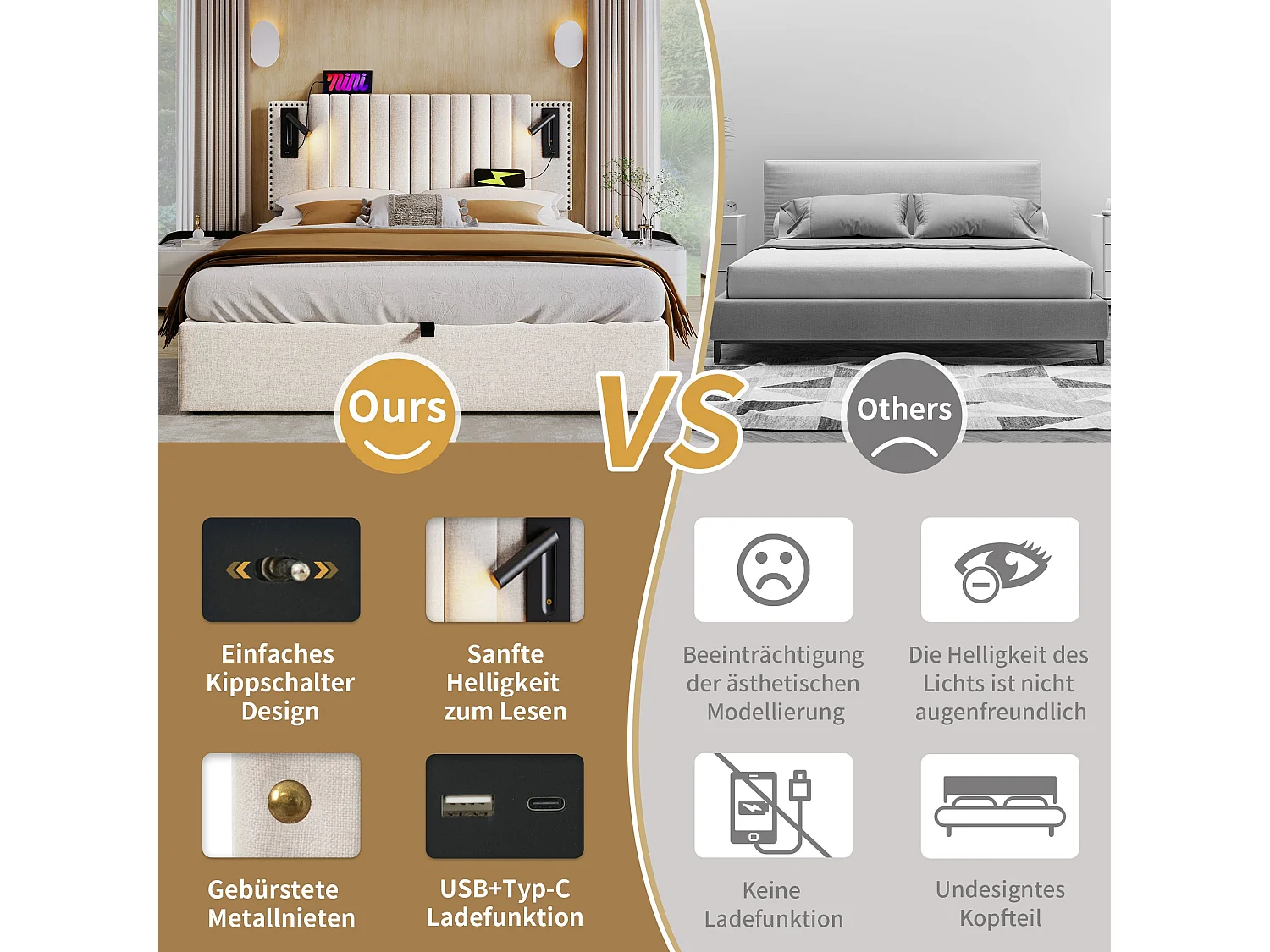 Lit double capitonné 180x200 cm, coton beige, avec lampe de lecture, ports USB et Type-C, rangement hydraulique, sans matelas