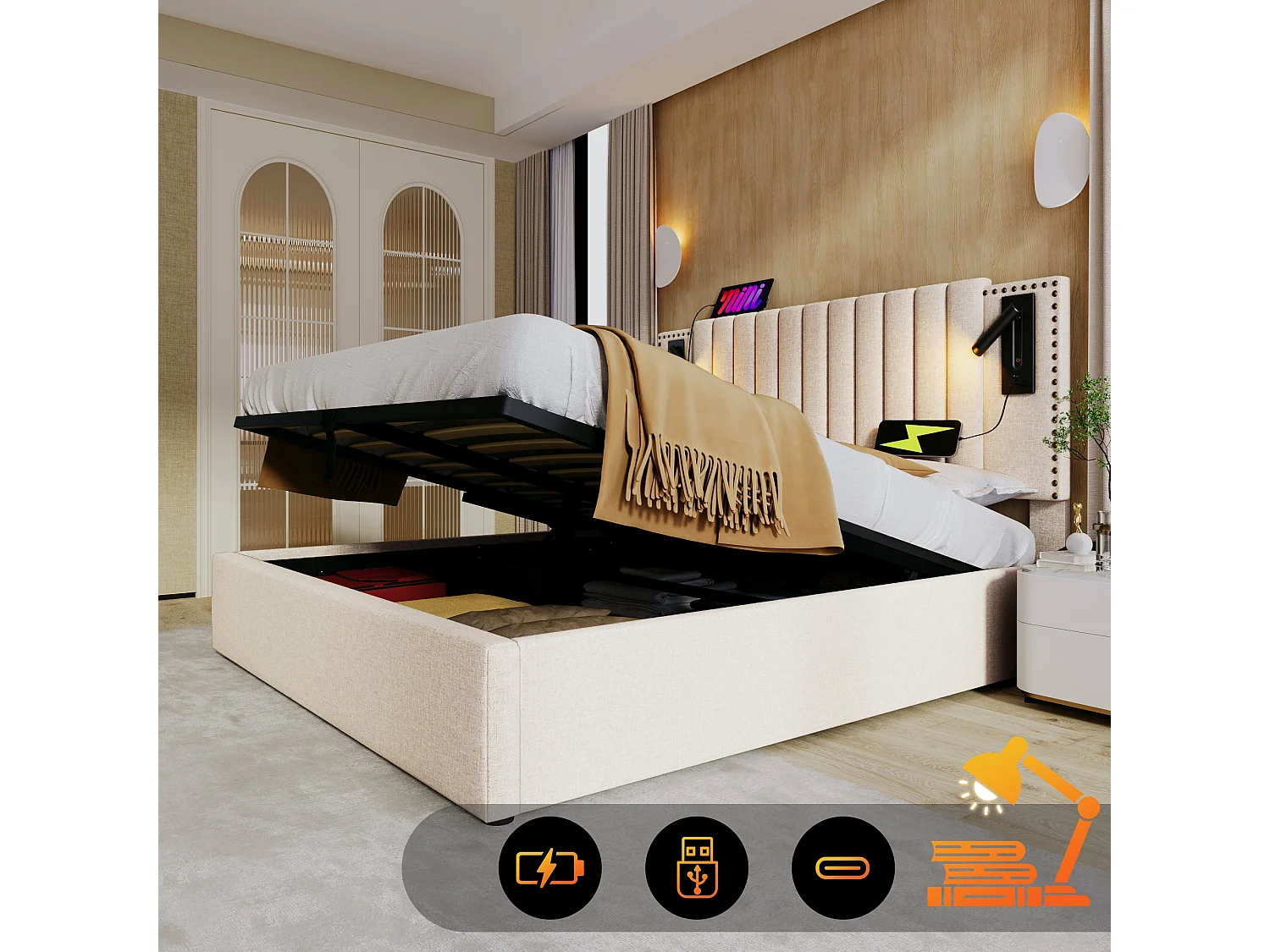 Lit double capitonné 180x200 cm, coton beige, avec lampe de lecture, ports USB et Type-C, rangement hydraulique, sans matelas