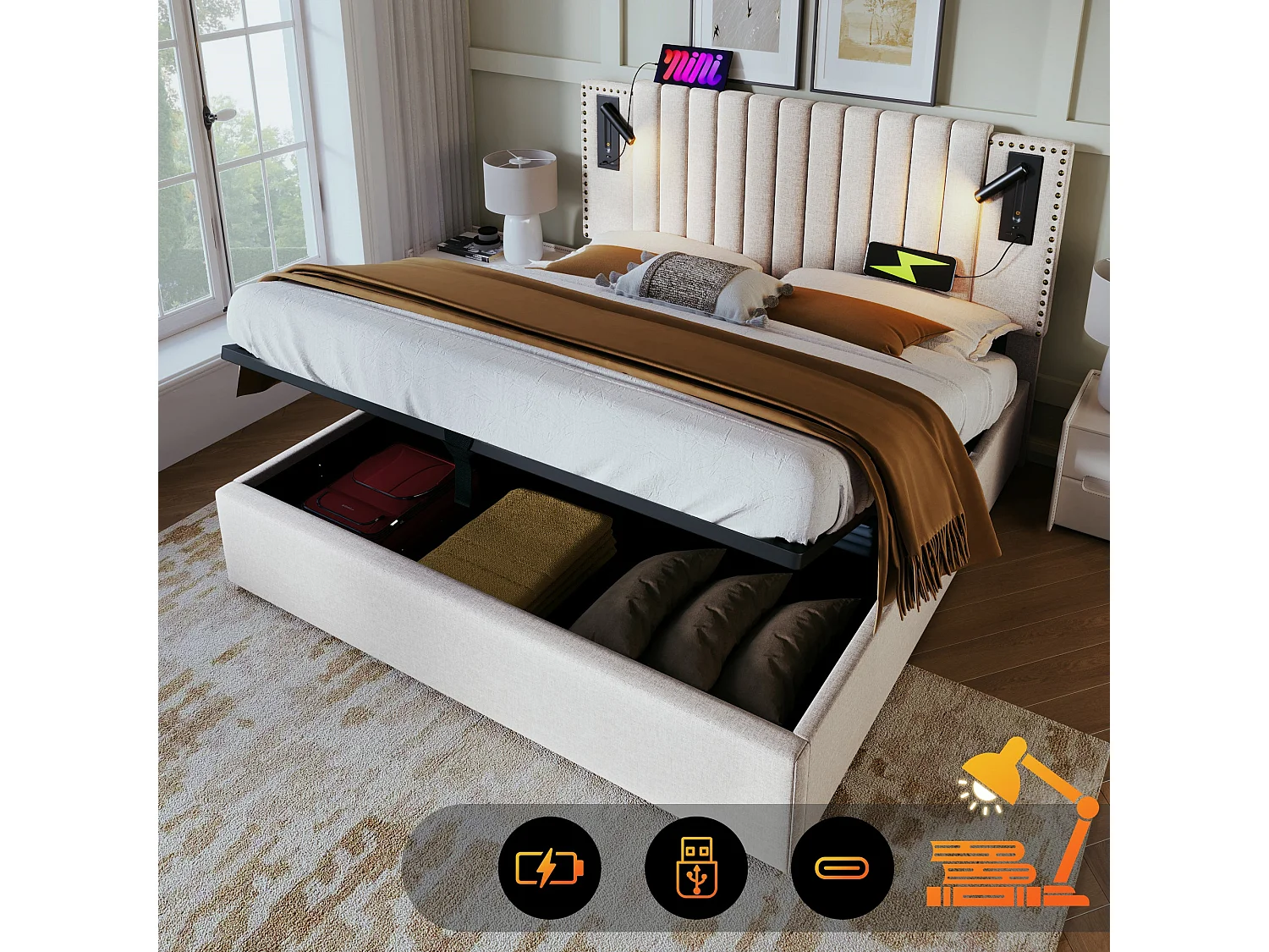 Lit double capitonné 180x200 cm, coton beige, avec lampe de lecture, ports USB et Type-C, rangement hydraulique, sans matelas