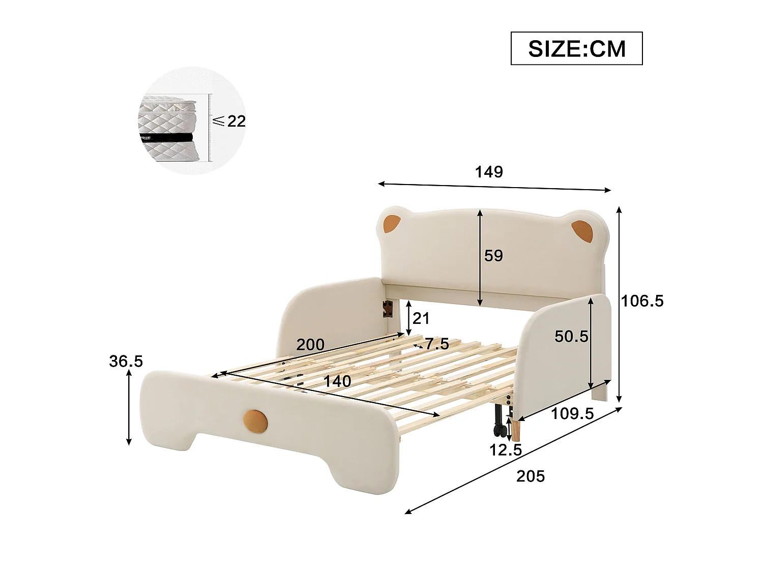 Lit 140 × 200 cm en velours beige, avec fonction lit de jour et lit gigogne, bords de sécurité rembourrés, matelas inclus