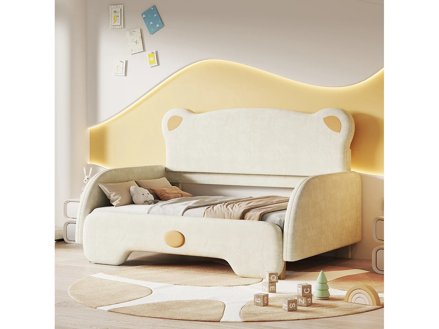 Lit 140 × 200 cm en velours beige, avec fonction lit de jour et lit gigogne, bords de sécurité rembourrés, matelas inclus