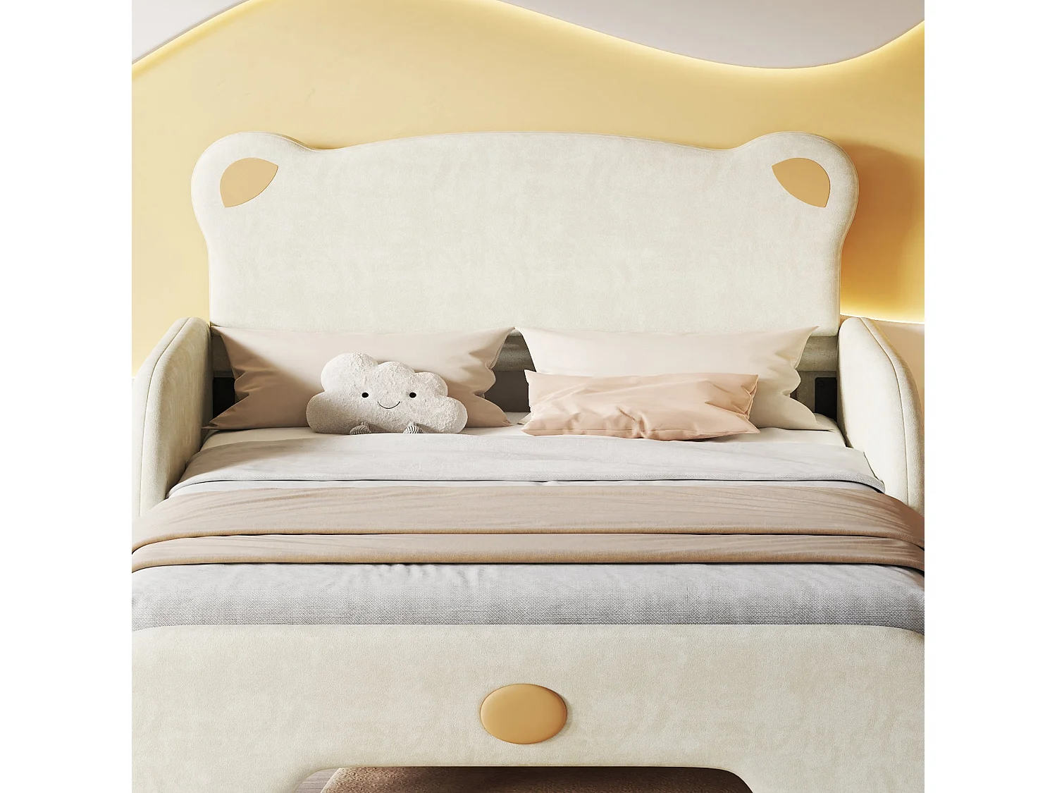 Lit 140 × 200 cm en velours beige, avec fonction lit de jour et lit gigogne, bords de sécurité rembourrés, matelas inclus