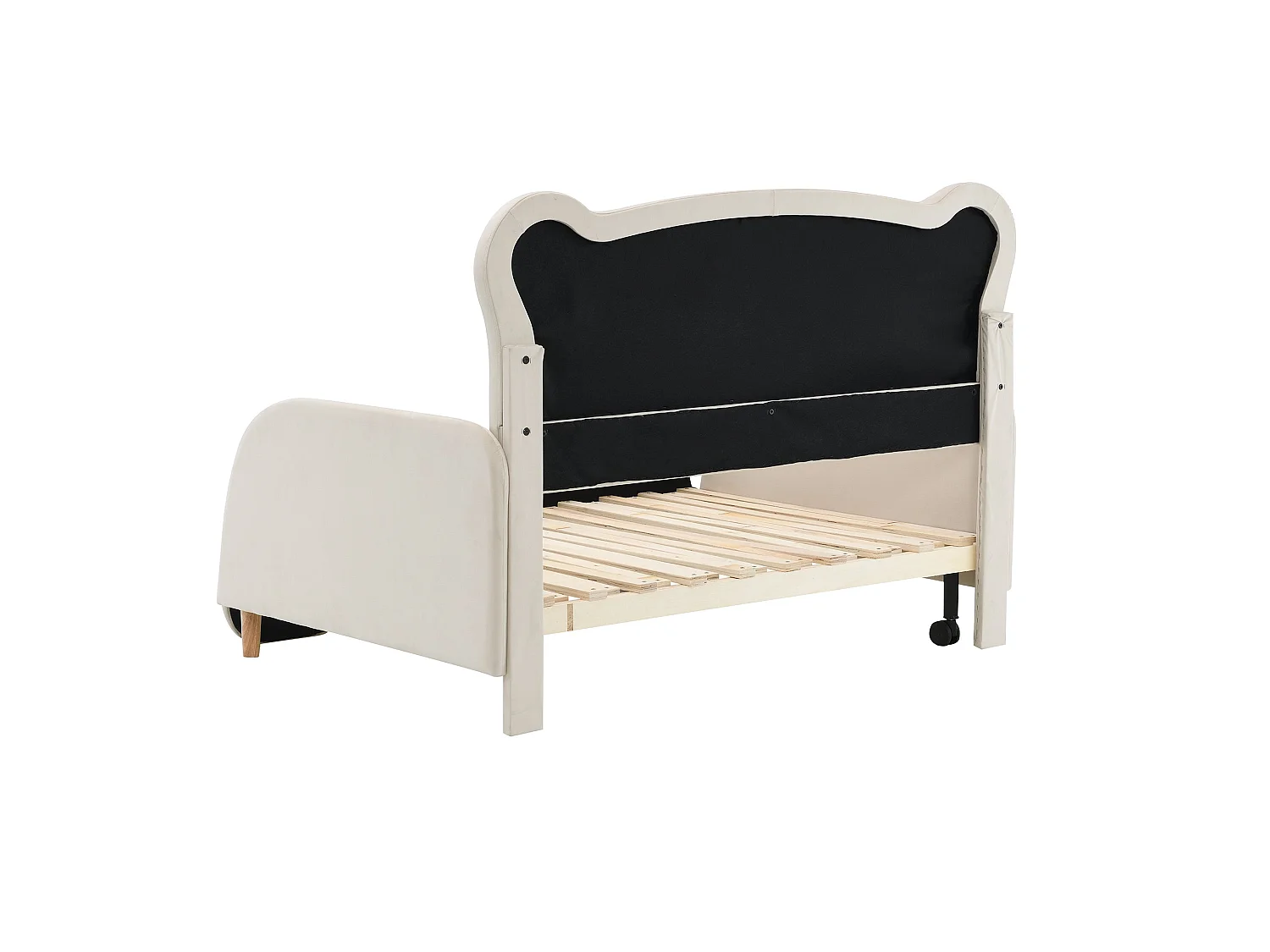 Lit 140 × 200 cm en velours beige, avec fonction lit de jour et lit gigogne, bords de sécurité rembourrés, matelas inclus