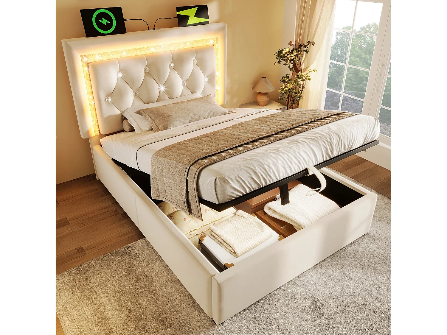 Lit 2 places capitonné 160x200 cm, velours beige, avec LED diamant, ports USB et Type-C, rangement hydraulique, sans matelas
