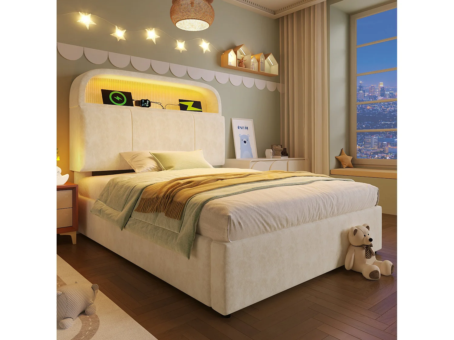 Lit simple capitonné 90x200 cm, velours beige, avec LED télécommandé, 3 ports USB et Type-C, rangement hydraulique, sans matelas