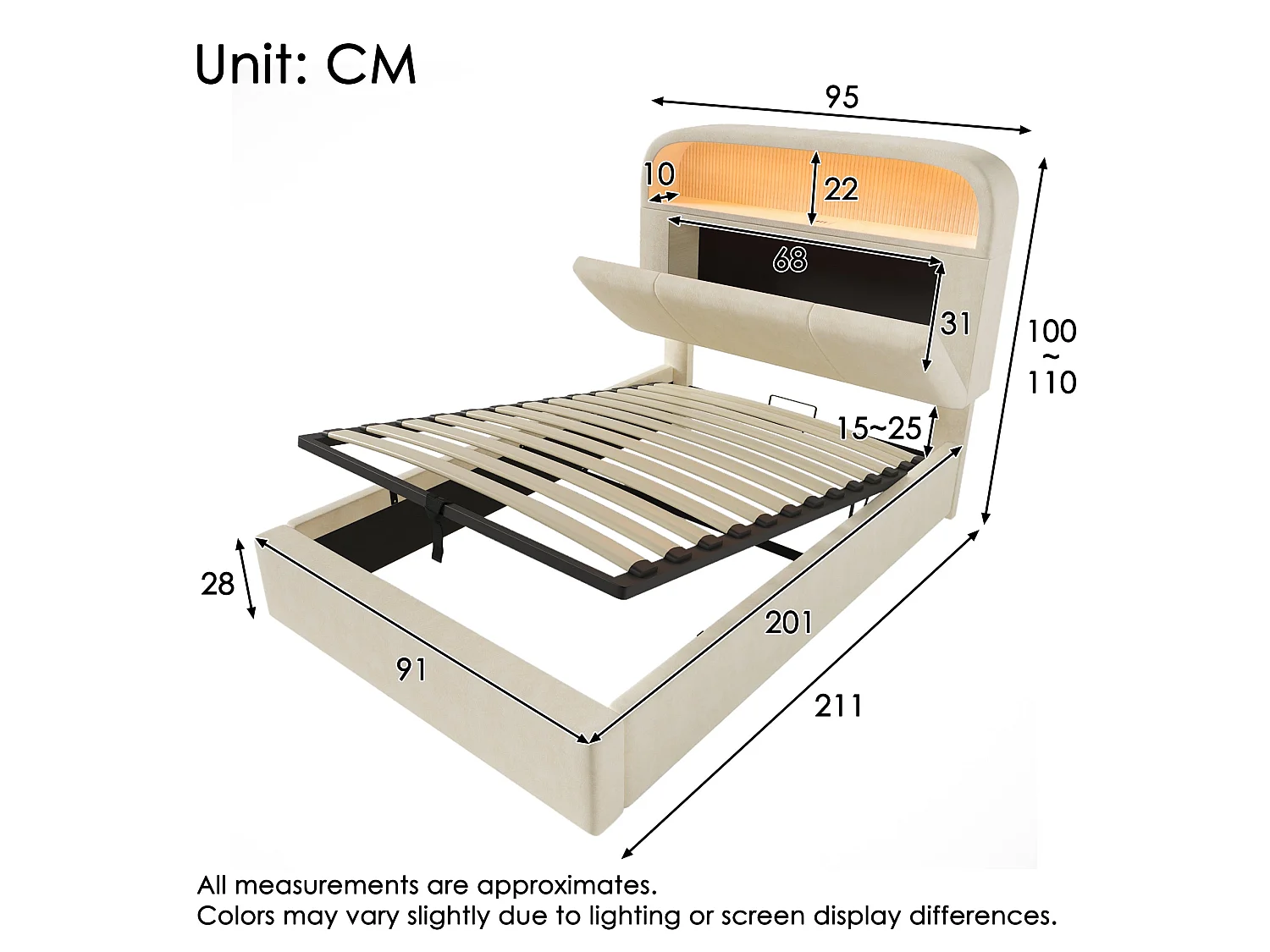 Lit simple capitonné 90x200 cm, velours beige, avec LED télécommandé, 3 ports USB et Type-C, rangement hydraulique, sans matelas