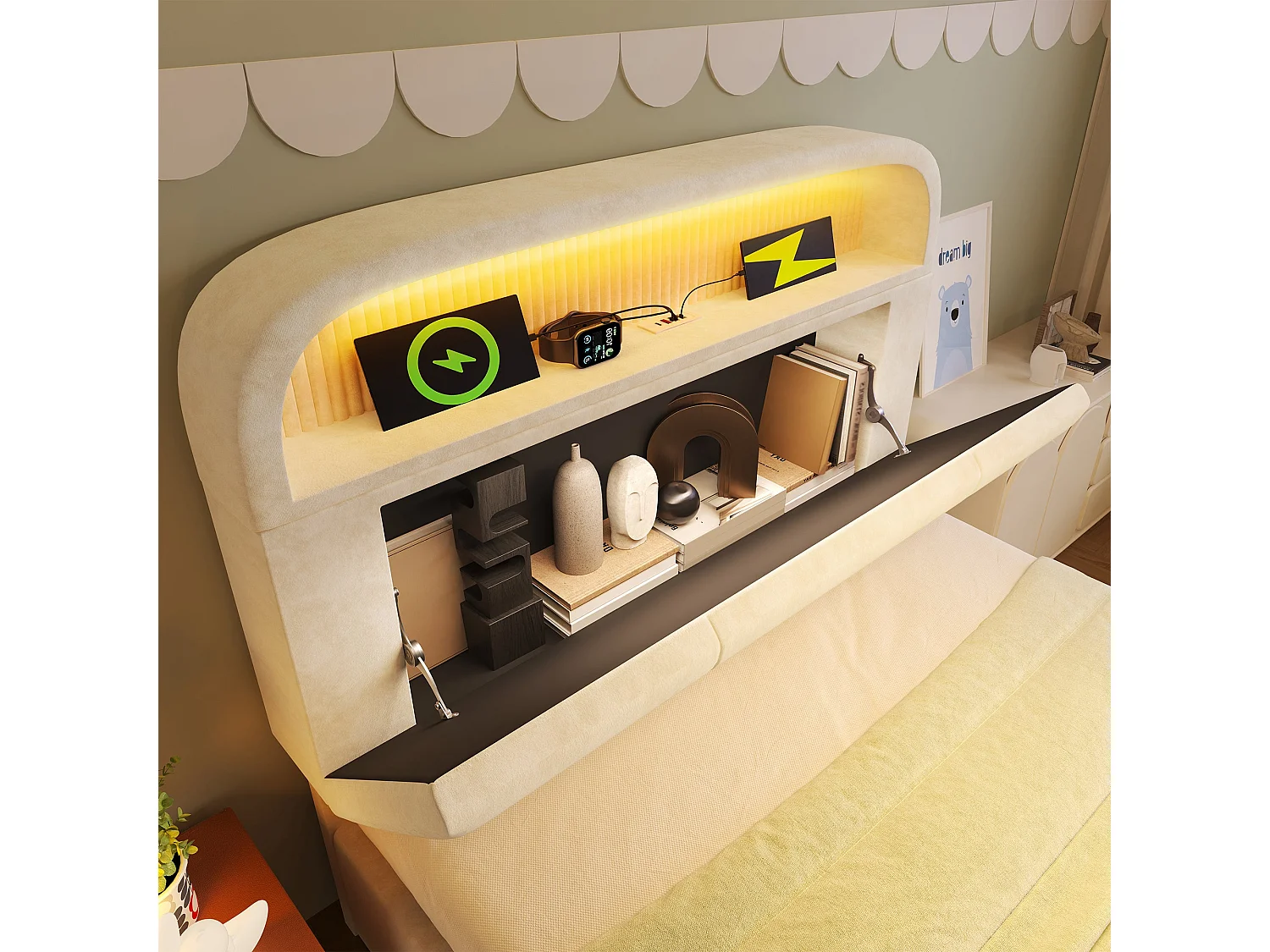 Lit simple capitonné 90x200 cm, velours beige, avec LED télécommandé, 3 ports USB et Type-C, rangement hydraulique, sans matelas