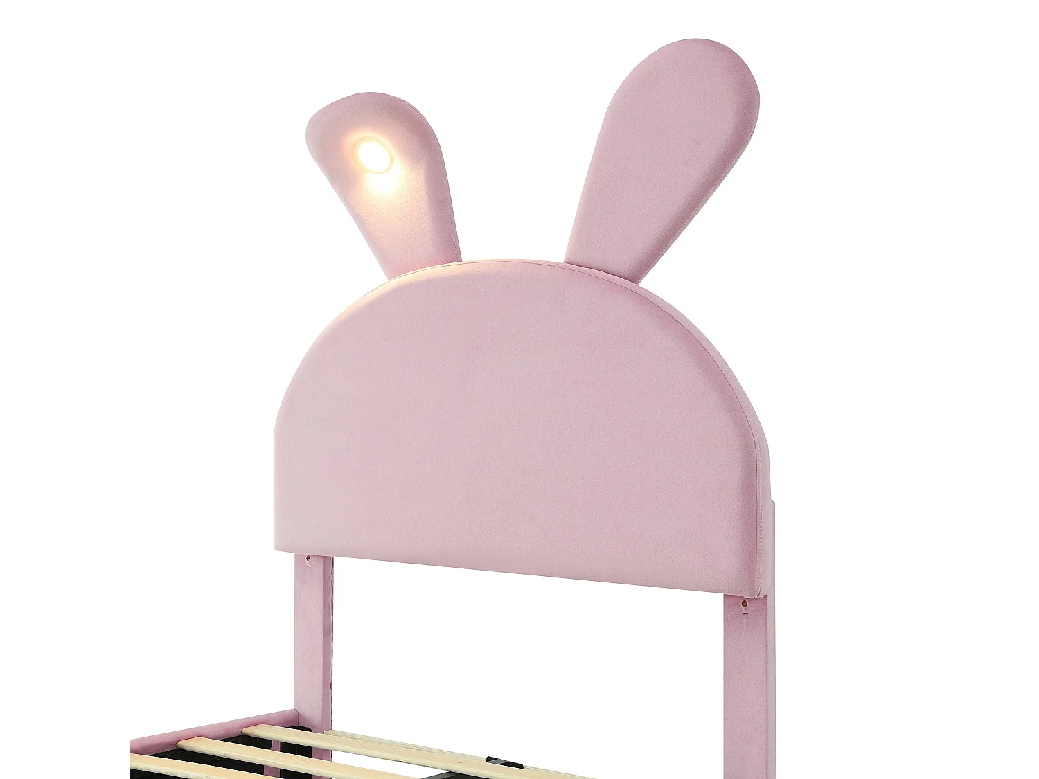 Lit enfant 140x200 cm, velours rose, avec oreilles de lapin LED, 2 tabourets de rangement, tête de lit réglable, sans matelas