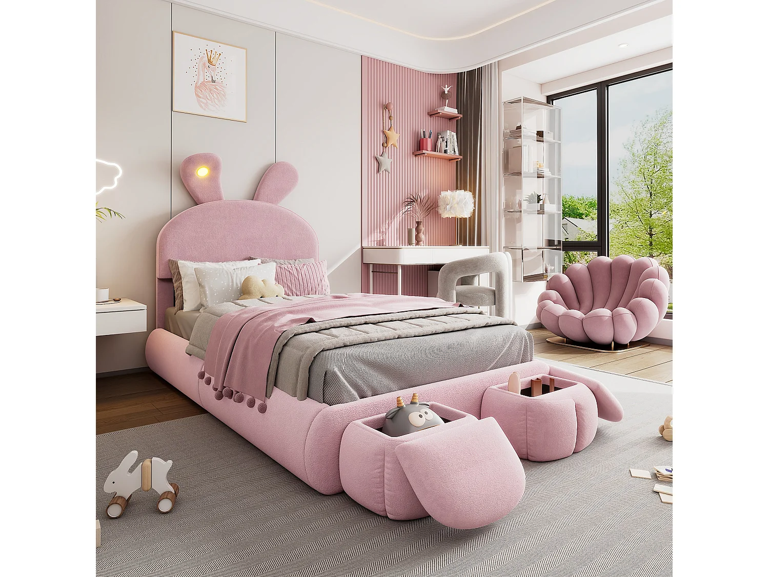 Lit enfant 140x200 cm, velours rose, avec oreilles de lapin LED, 2 tabourets de rangement, tête de lit réglable, sans matelas