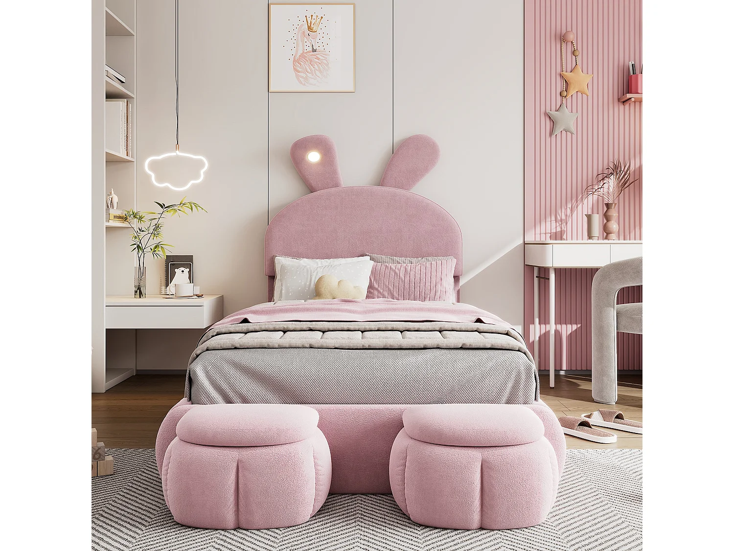 Lit enfant 140x200 cm, velours rose, avec oreilles de lapin LED, 2 tabourets de rangement, tête de lit réglable, sans matelas