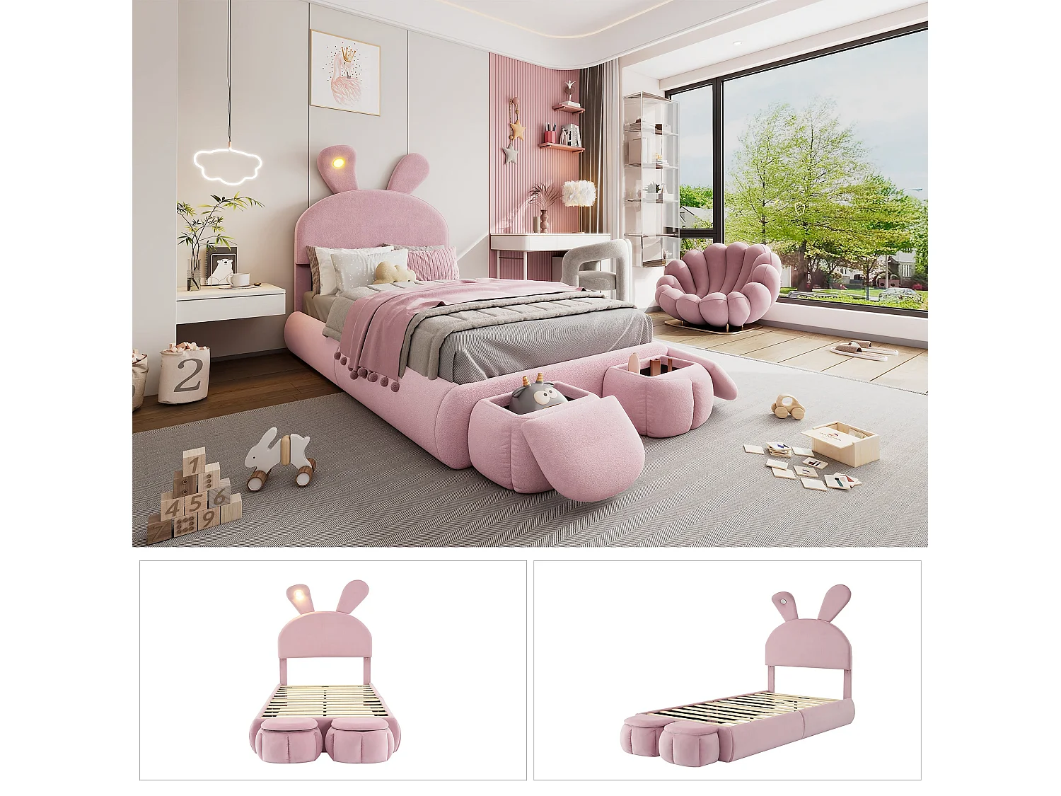 Lit enfant 140x200 cm, velours rose, avec oreilles de lapin LED, 2 tabourets de rangement, tête de lit réglable, sans matelas