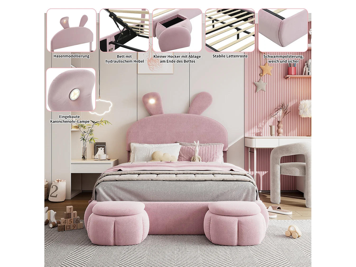 Lit enfant 140x200 cm, velours rose, avec oreilles de lapin LED, 2 tabourets de rangement, tête de lit réglable, sans matelas