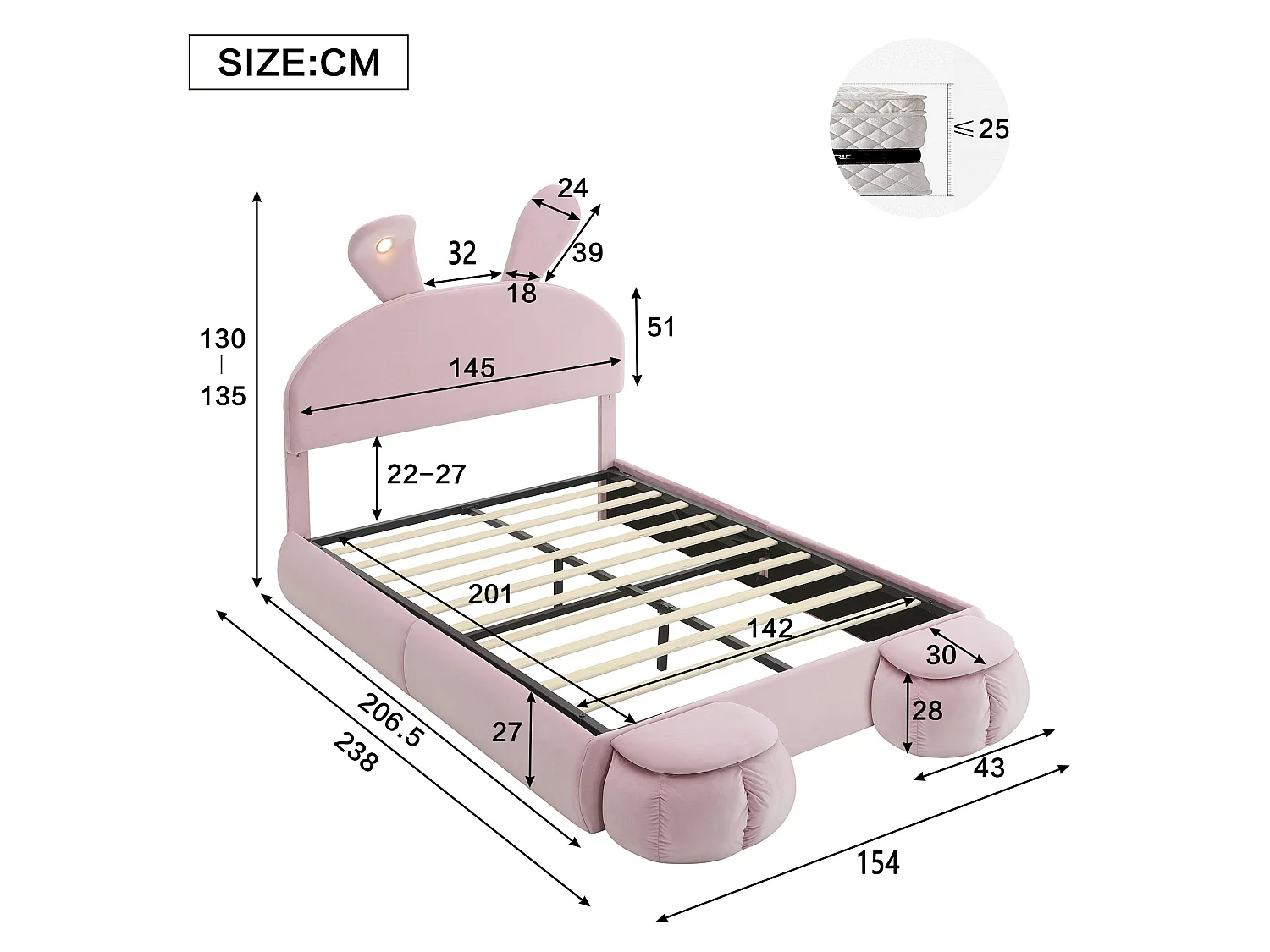 Lit enfant 140x200 cm, velours rose, avec oreilles de lapin LED, 2 tabourets de rangement, tête de lit réglable, sans matelas