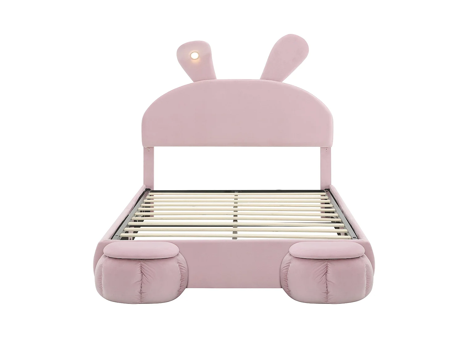 Lit enfant 140x200 cm, velours rose, avec oreilles de lapin LED, 2 tabourets de rangement, tête de lit réglable, sans matelas