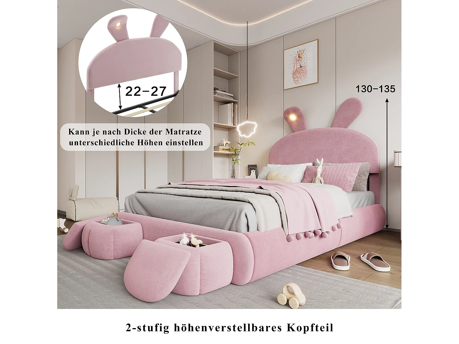 Lit enfant 140x200 cm, velours rose, avec oreilles de lapin LED, 2 tabourets de rangement, tête de lit réglable, sans matelas