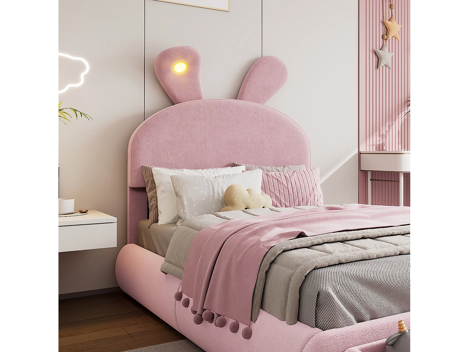 Lit enfant 140x200 cm, velours rose, avec oreilles de lapin LED, 2 tabourets de rangement, tête de lit réglable, sans matelas