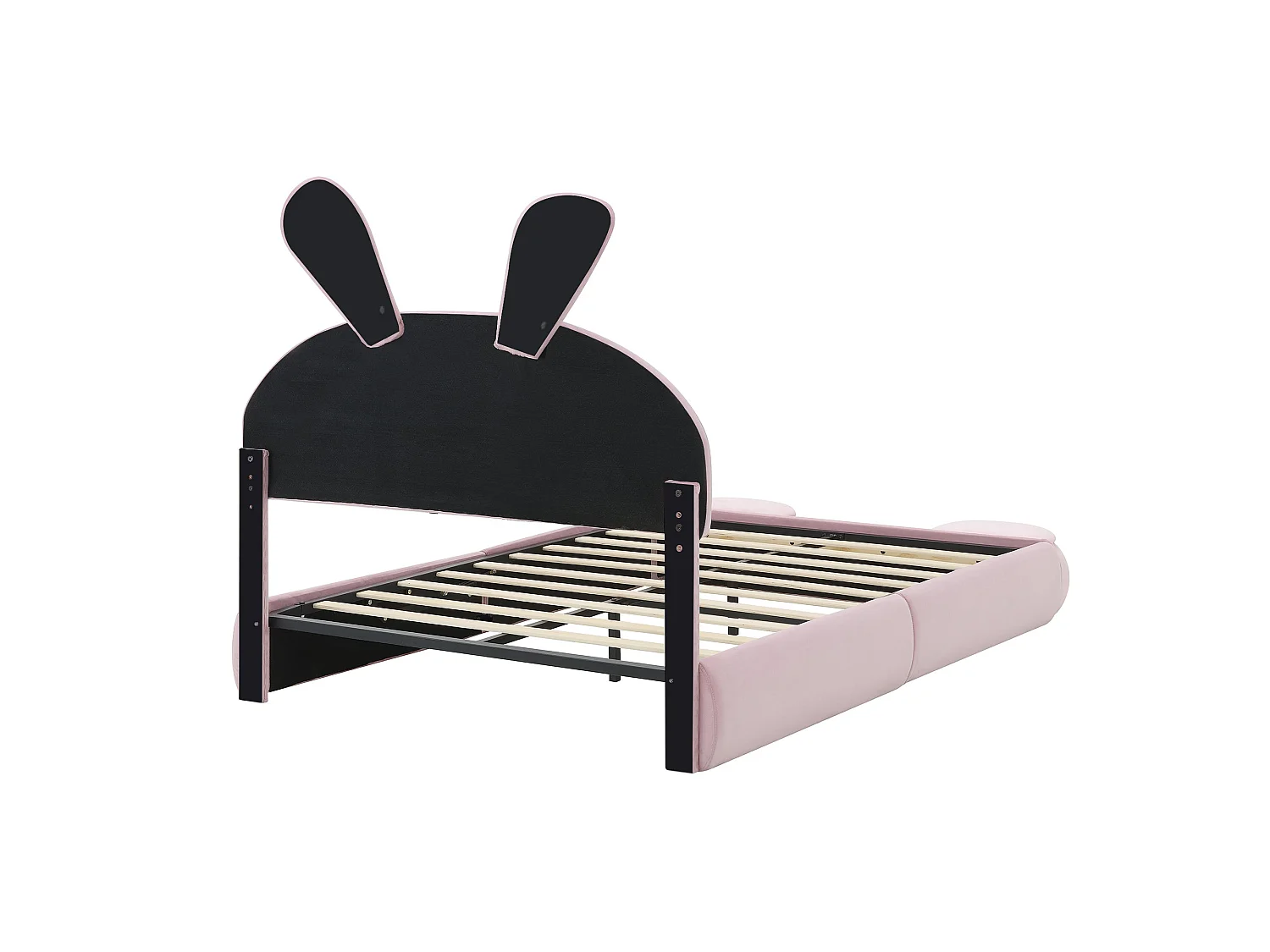 Lit enfant 140x200 cm, velours rose, avec oreilles de lapin LED, 2 tabourets de rangement, tête de lit réglable, sans matelas