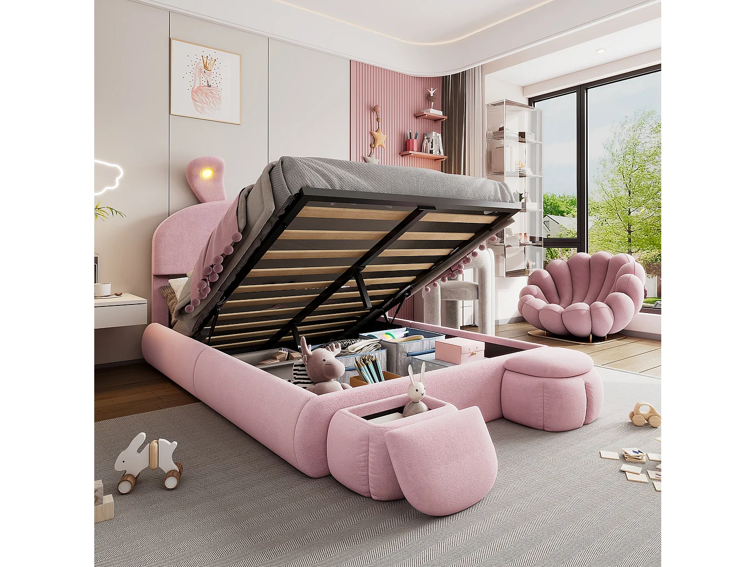 Lit enfant 140x200 cm, velours rose, avec oreilles de lapin LED, 2 tabourets de rangement, tête de lit réglable, sans matelas