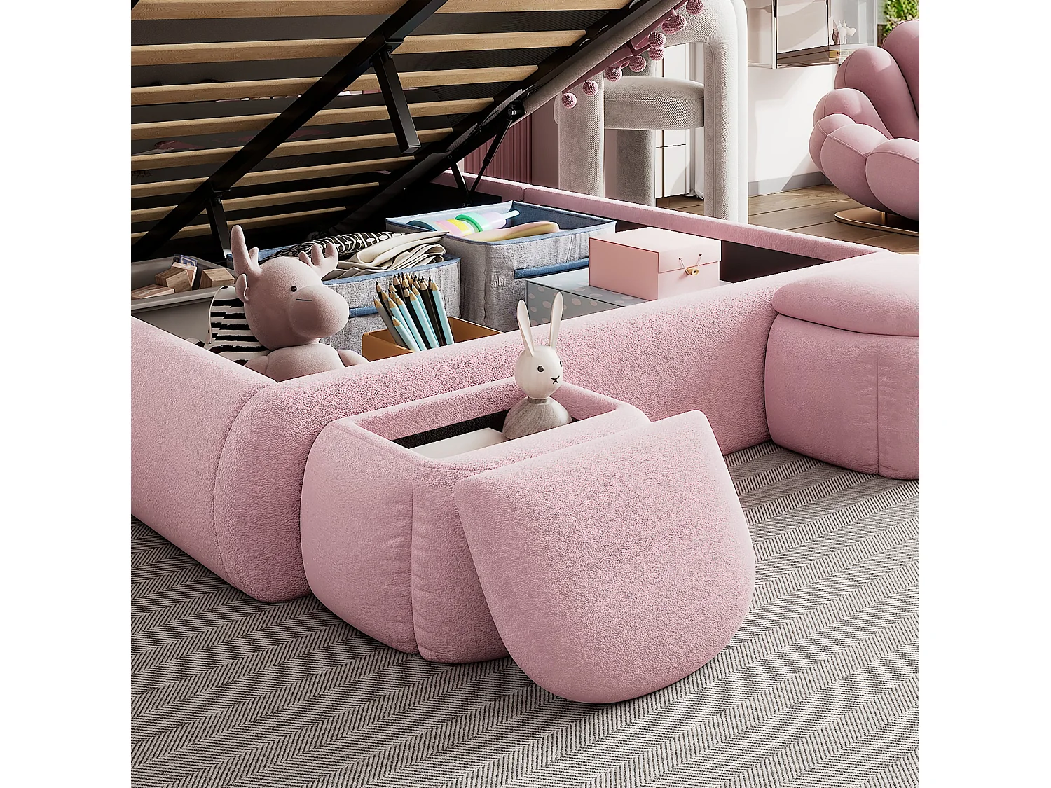 Lit enfant 140x200 cm, velours rose, avec oreilles de lapin LED, 2 tabourets de rangement, tête de lit réglable, sans matelas