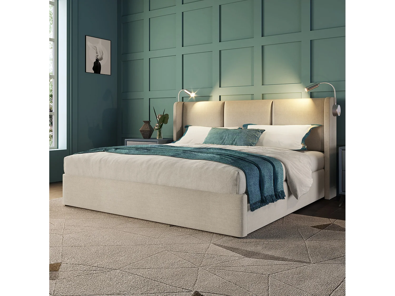 Lit double 180x200 cm, lin beige, avec lampe de lecture, ports USB, rangement hydraulique, sans matelas