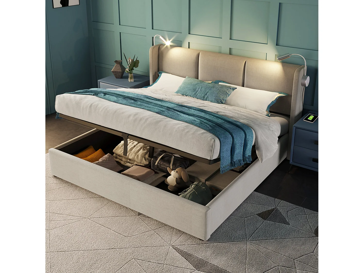 Lit double 180x200 cm, lin beige, avec lampe de lecture, ports USB, rangement hydraulique, sans matelas