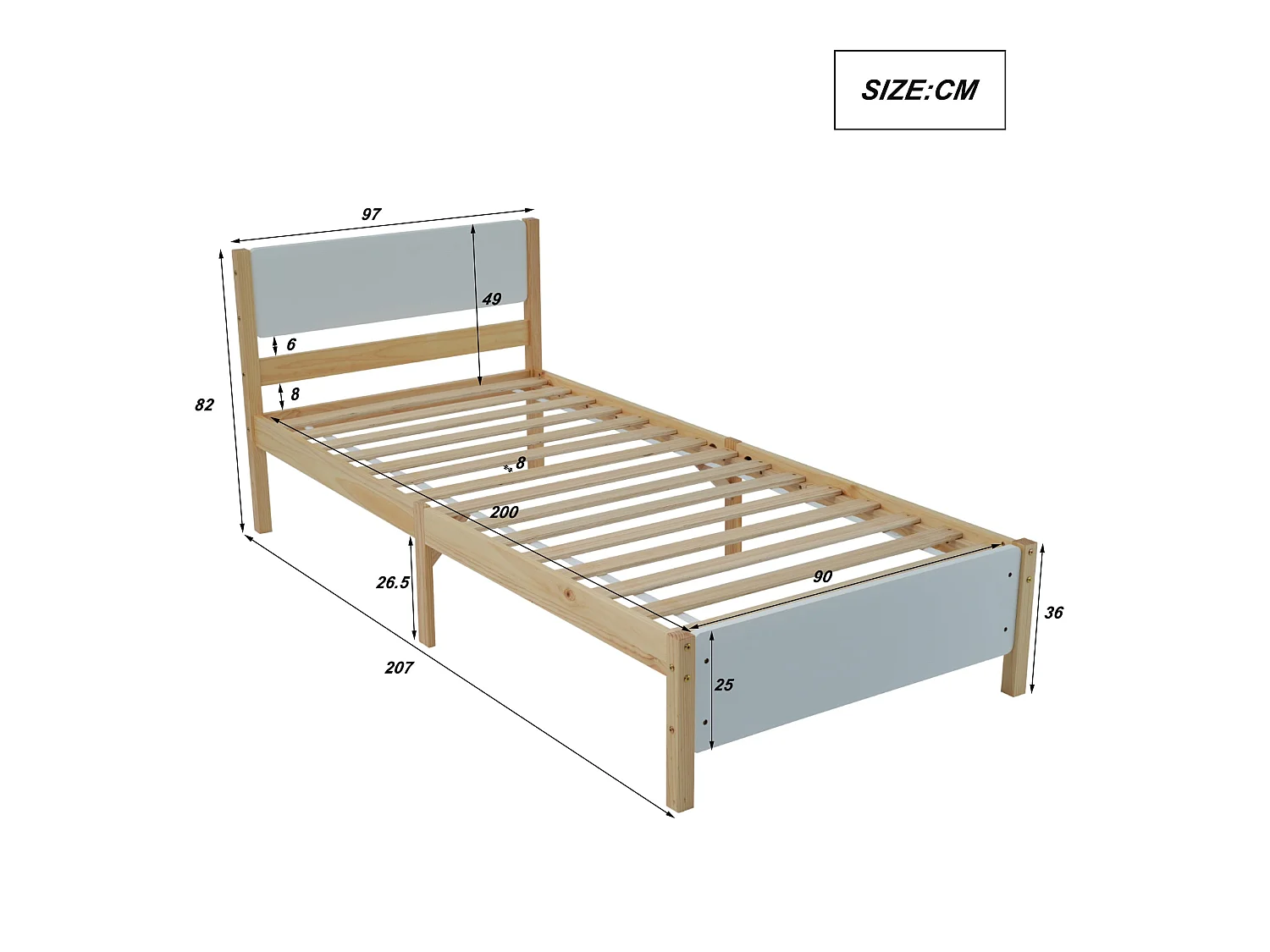Lit simple 90x200 cm, bois massif blanc et naturel, avec tête de lit blanche et pied central, sans matelas