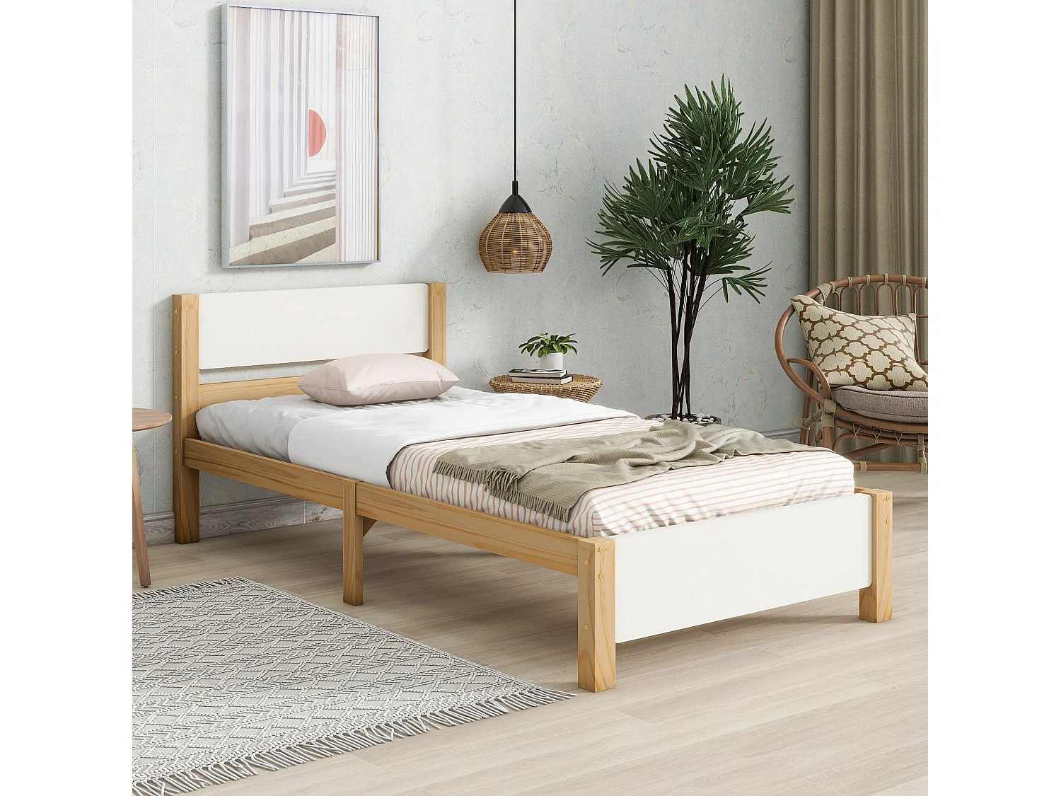 Lit simple 90x200 cm, bois massif blanc et naturel, avec tête de lit blanche et pied central, sans matelas