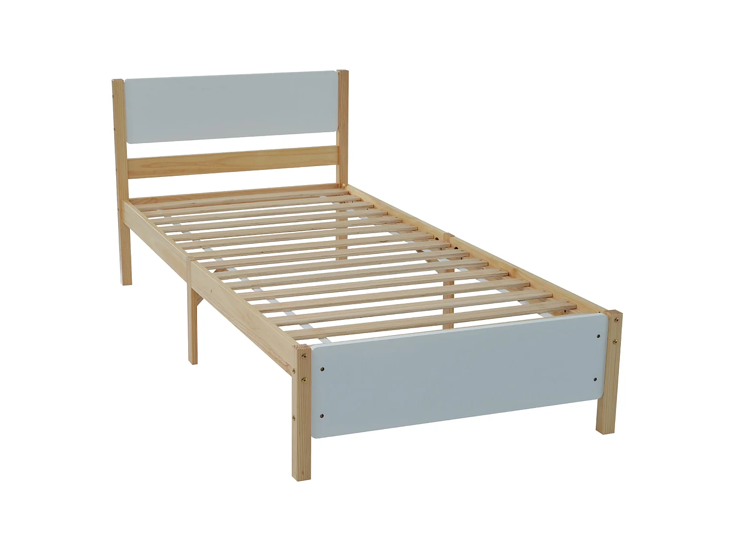 Lit simple 90x200 cm, bois massif blanc et naturel, avec tête de lit blanche et pied central, sans matelas