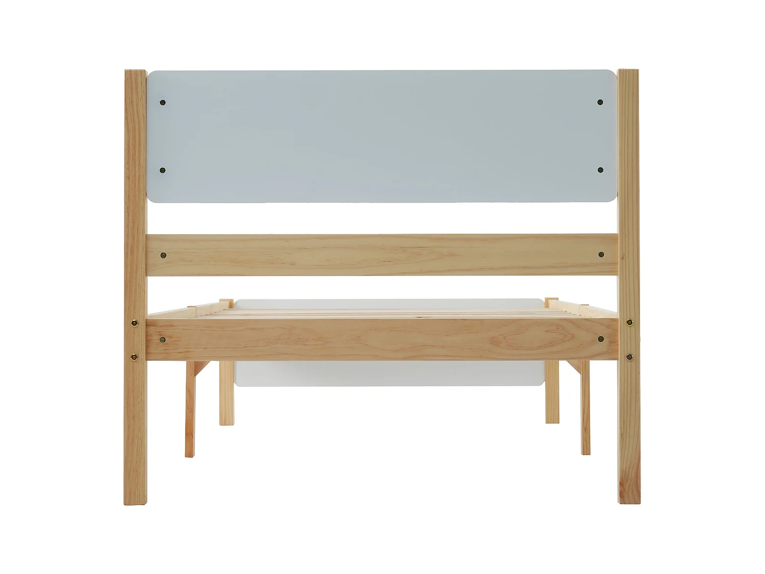 Lit simple 90x200 cm, bois massif blanc et naturel, avec tête de lit blanche et pied central, sans matelas