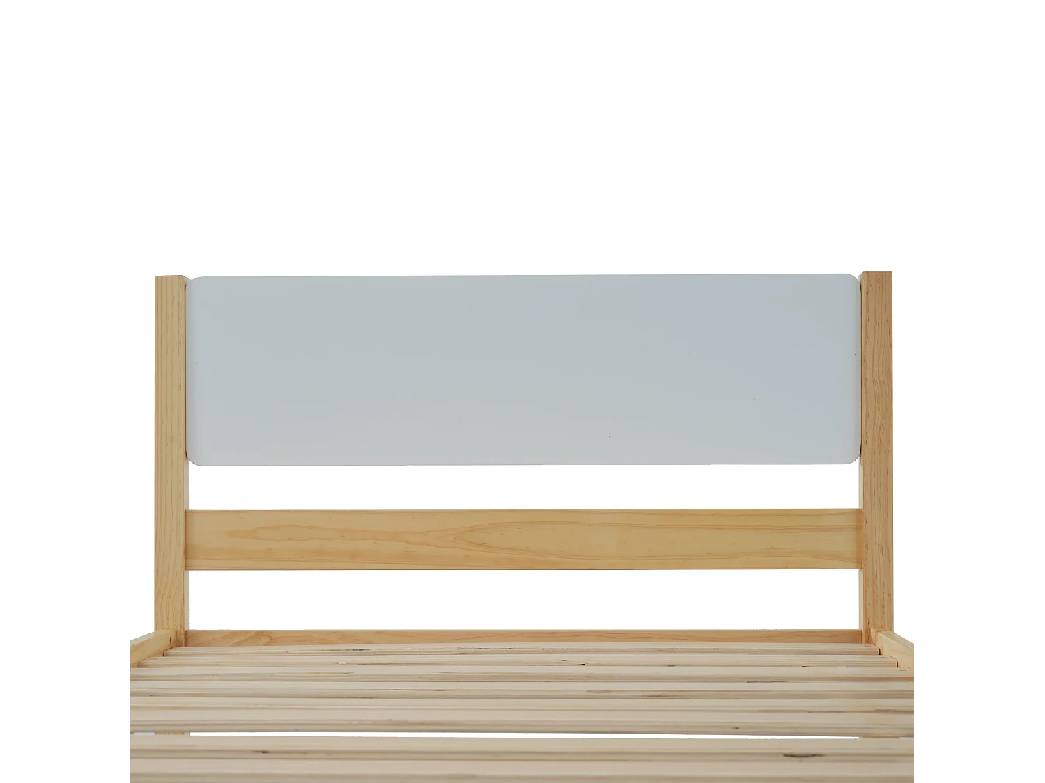 Lit simple 90x200 cm, bois massif blanc et naturel, avec tête de lit blanche et pied central, sans matelas