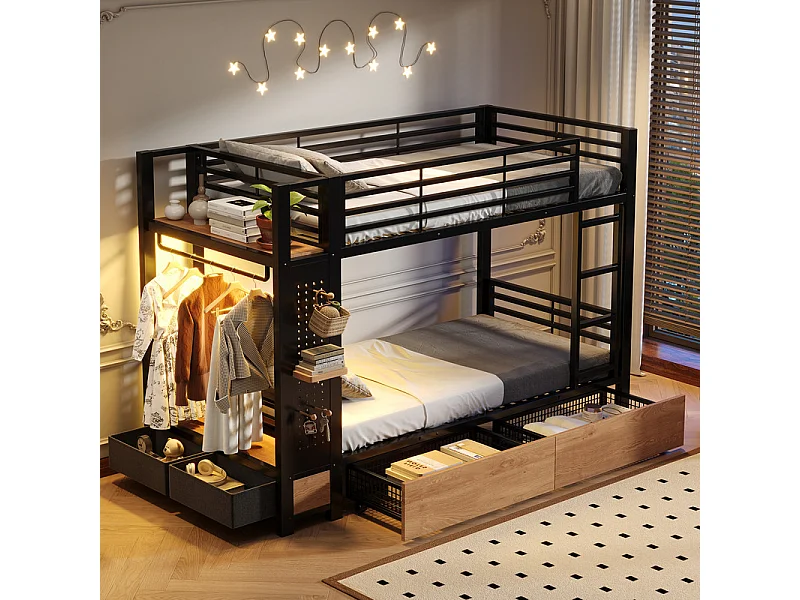 Stapelbed, 90x200cm, met 4 laden en LED-strip, kledingstang, Zwart