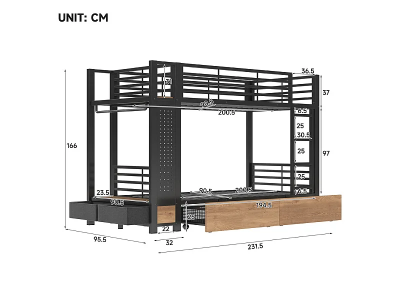 Stapelbed, 90x200cm, met 4 laden en LED-strip, kledingstang, Zwart