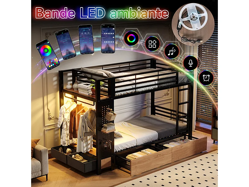 Stapelbed, 90x200cm, met 4 laden en LED-strip, kledingstang, Zwart