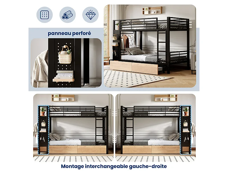 Stapelbed, 90x200cm, met 4 laden en LED-strip, kledingstang, Zwart