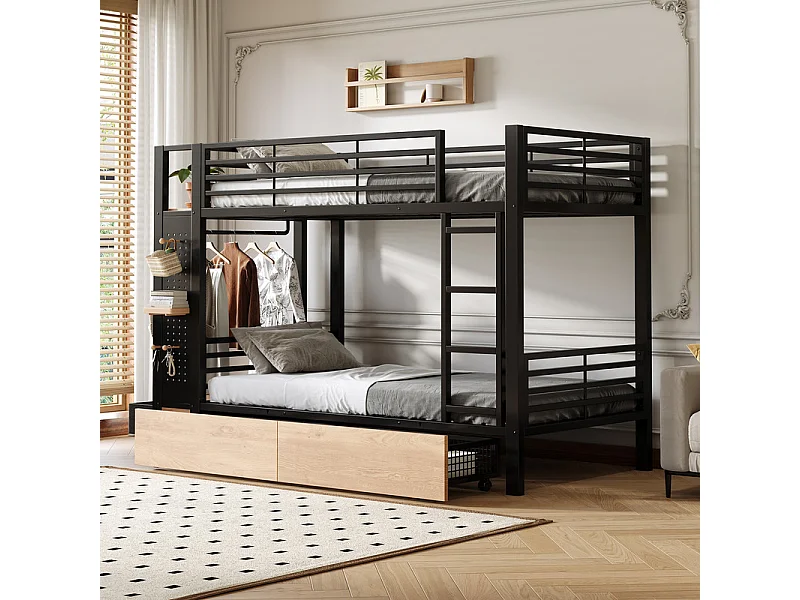 Stapelbed, 90x200cm, met 4 laden en LED-strip, kledingstang, Zwart