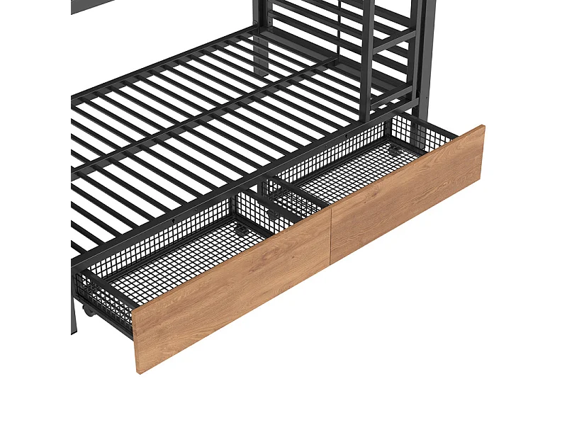 Stapelbed, 90x200cm, met 4 laden en LED-strip, kledingstang, Zwart