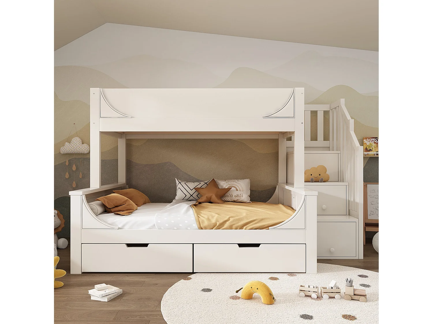 Lit superposé traîneau 90x200 cm / 140x200 cm, blanc, avec rangement escalier et tiroirs, sans matelas