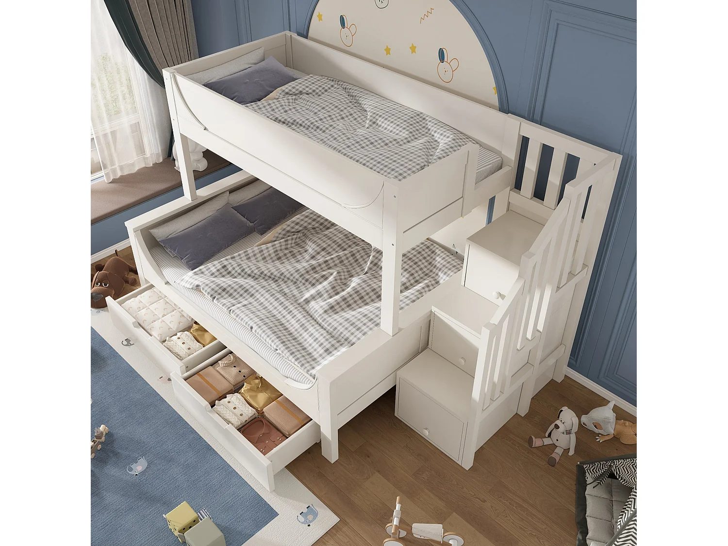 Lit superposé traîneau 90x200 cm / 140x200 cm, blanc, avec rangement escalier et tiroirs, sans matelas