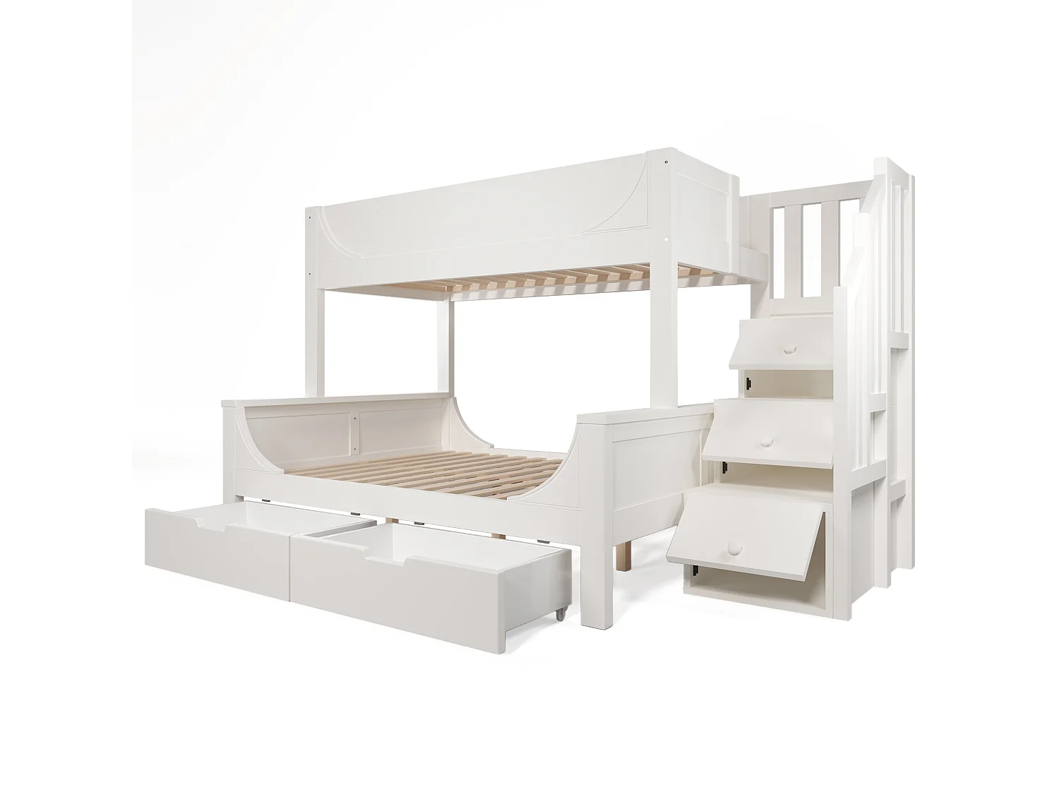 Lit superposé traîneau 90x200 cm / 140x200 cm, blanc, avec rangement escalier et tiroirs, sans matelas