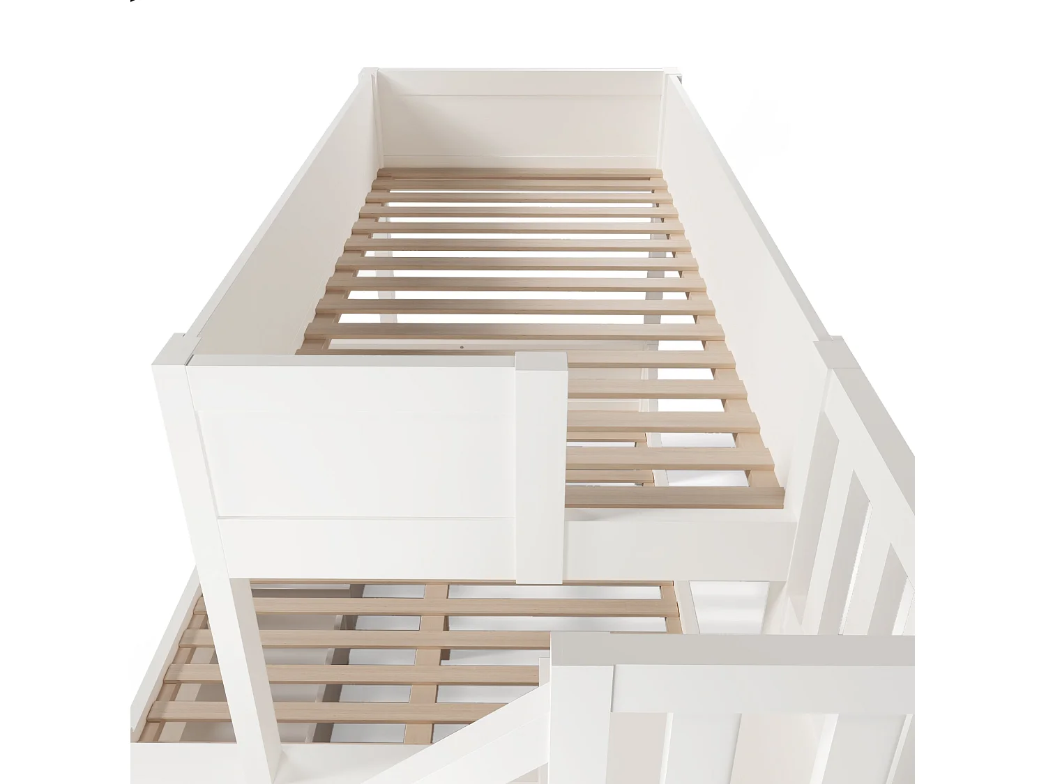 Lit superposé traîneau 90x200 cm / 140x200 cm, blanc, avec rangement escalier et tiroirs, sans matelas