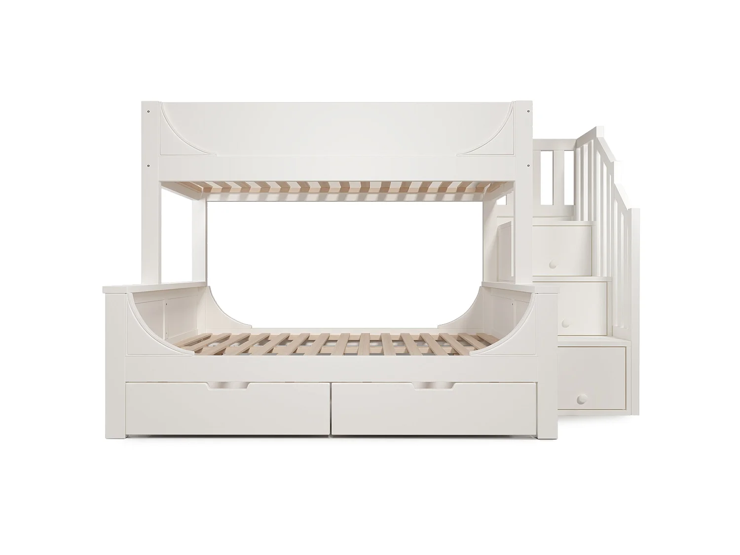 Lit superposé traîneau 90x200 cm / 140x200 cm, blanc, avec rangement escalier et tiroirs, sans matelas
