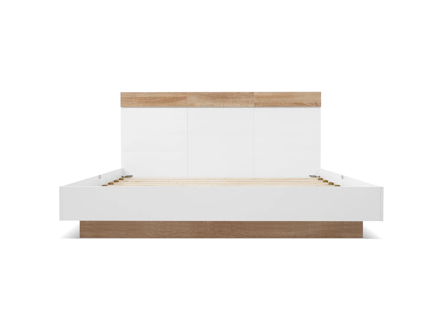 Lit double flottant 180x200 cm, blanc et chêne, avec sommier à lattes intégré et tête de lit spacieuse, sans matelas