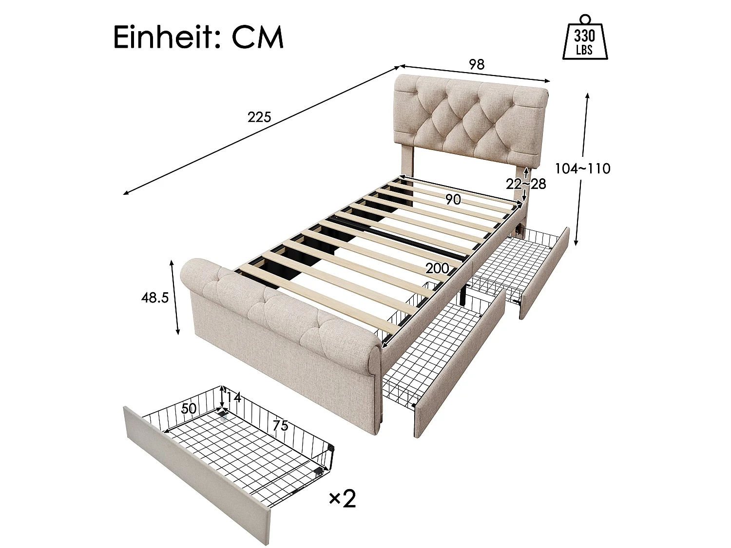 Lit simple capitonné 90x200 cm avec matelas inclus, lin naturel, rangement à 2 tiroirs et tête de lit réglable, lit complet prêt à l'emploi