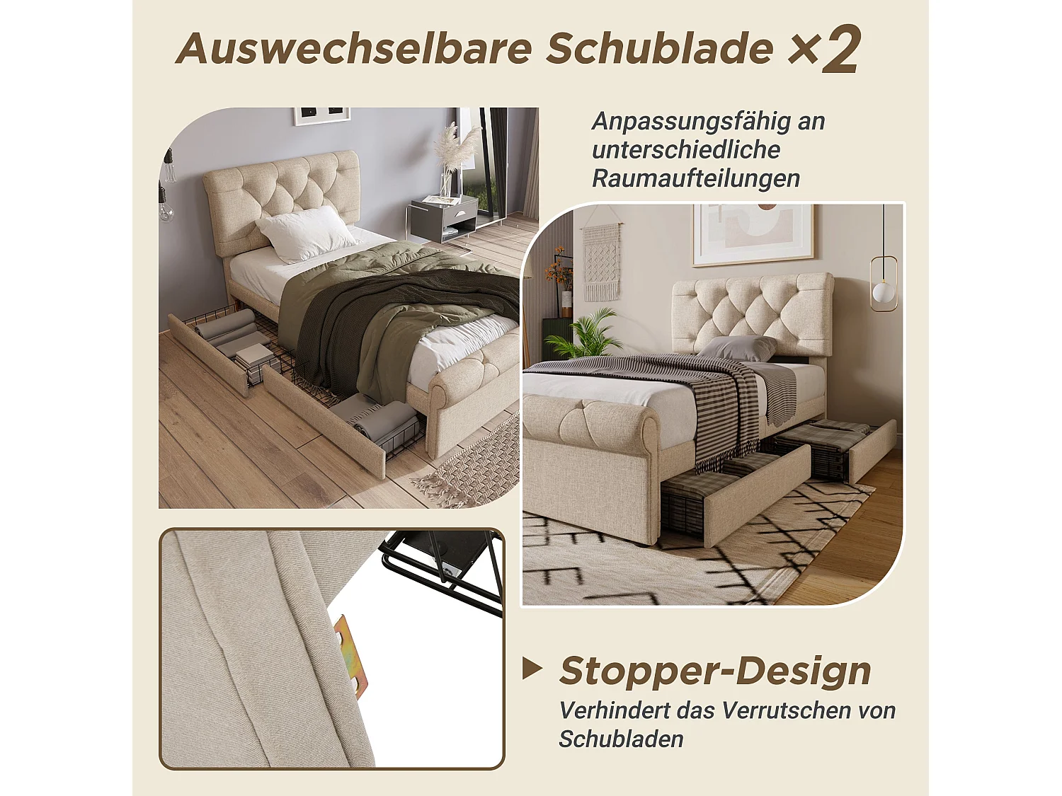 Lit simple capitonné 90x200 cm avec matelas inclus, lin naturel, rangement à 2 tiroirs et tête de lit réglable, lit complet prêt à l'emploi