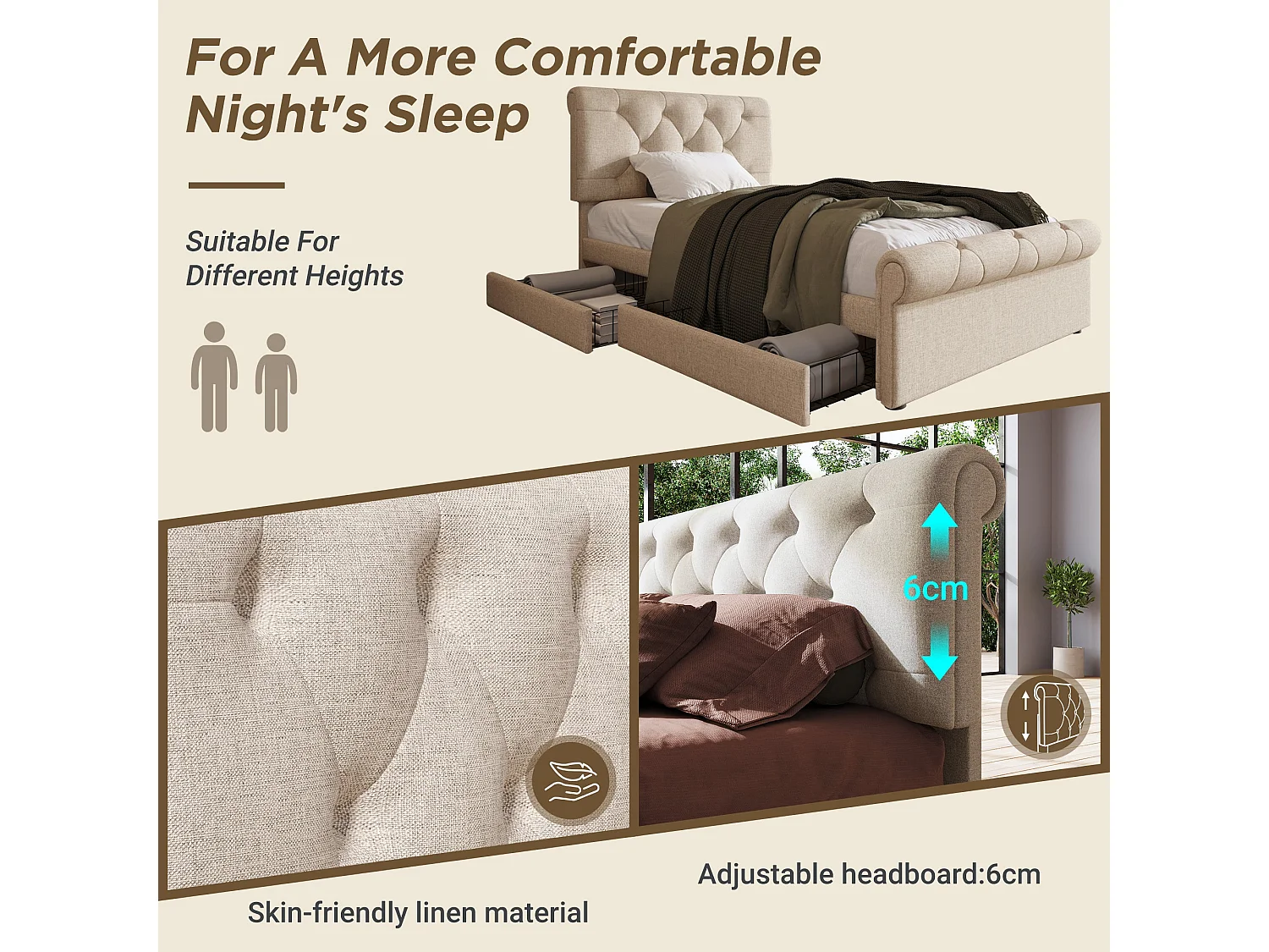 Lit simple capitonné 90x200 cm avec matelas inclus, lin naturel, rangement à 2 tiroirs et tête de lit réglable, lit complet prêt à l'emploi