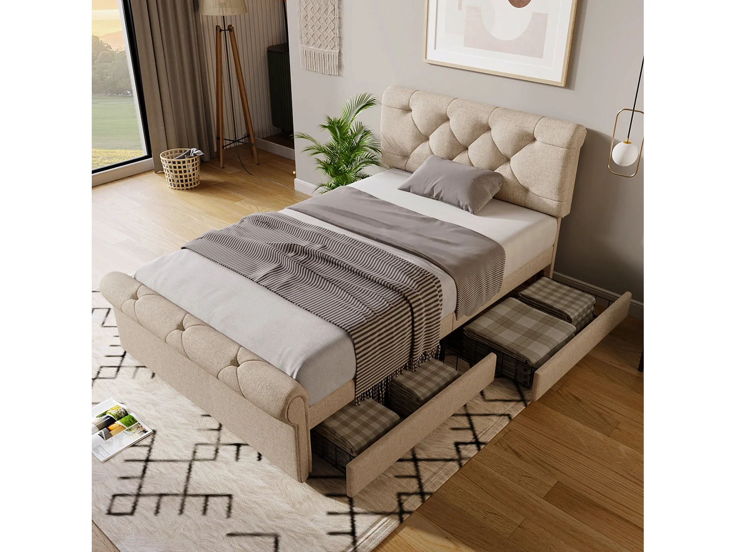 Lit simple capitonné 90x200 cm avec matelas inclus, lin naturel, rangement à 2 tiroirs et tête de lit réglable, lit complet prêt à l'emploi