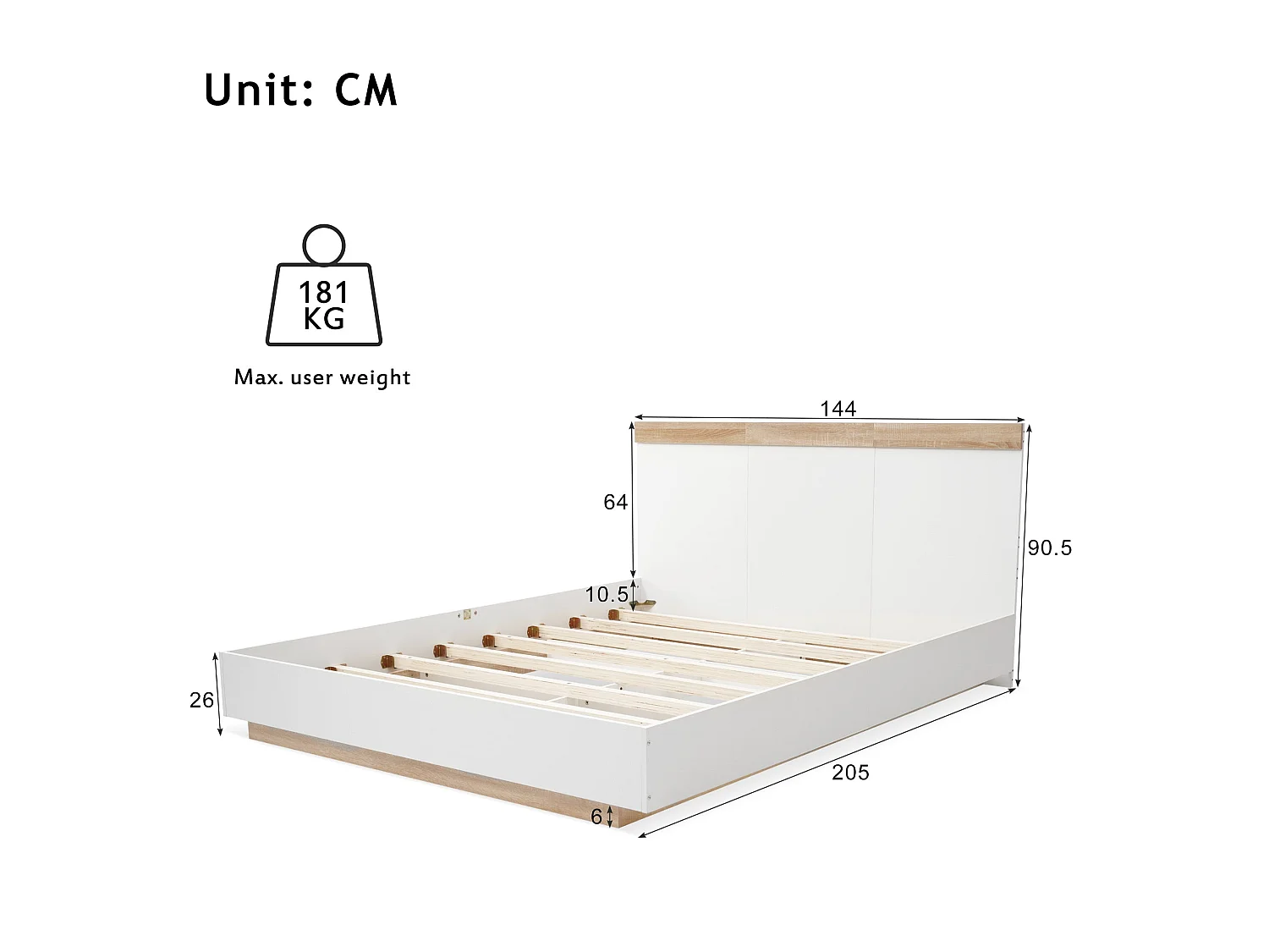 Lit double flottant 140x200 cm, blanc et chêne, avec sommier à lattes intégré et tête de lit spacieuse, sans matelas