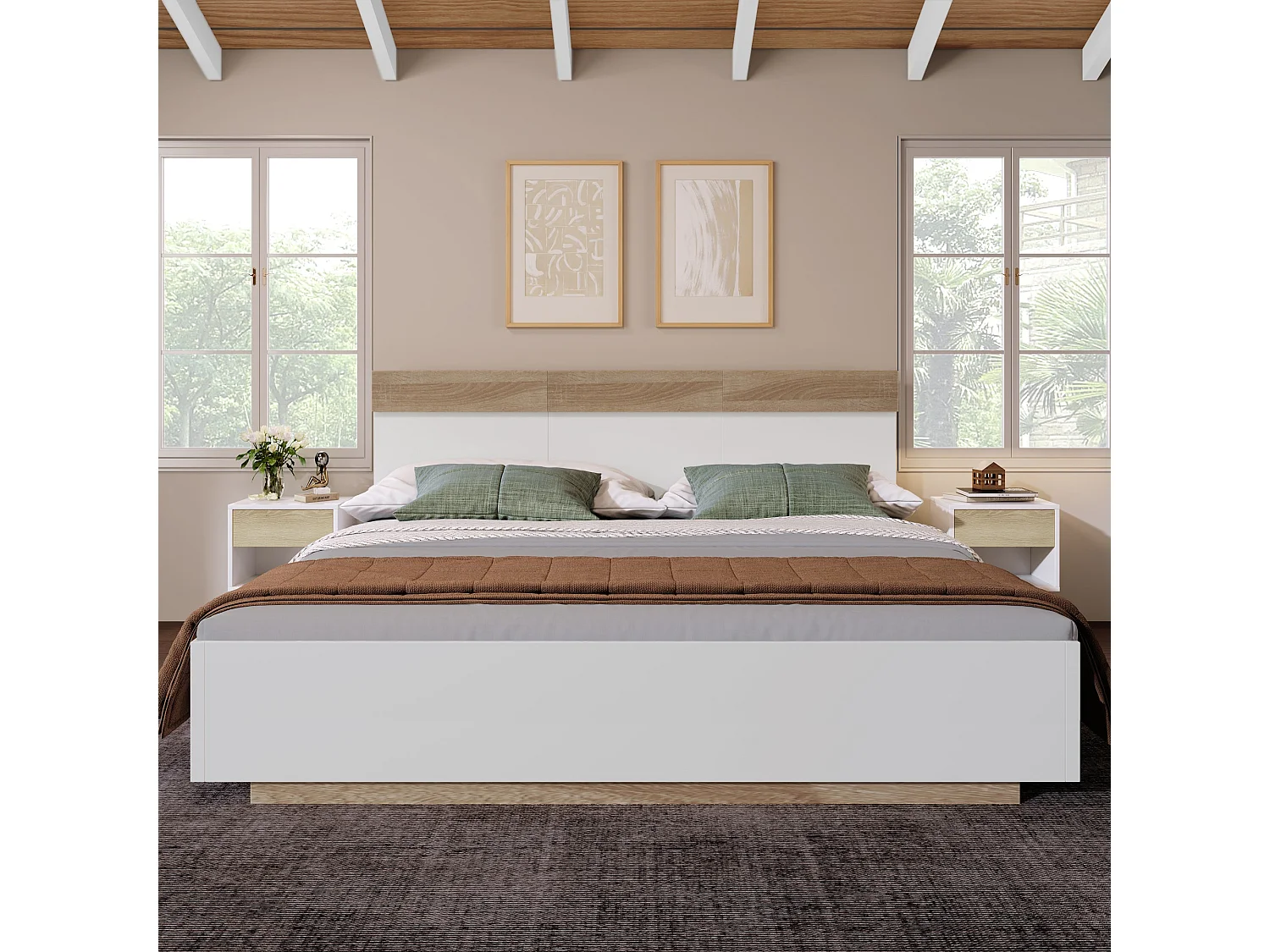 Lit double flottant 140x200 cm, blanc et chêne, avec sommier à lattes intégré et tête de lit spacieuse, sans matelas