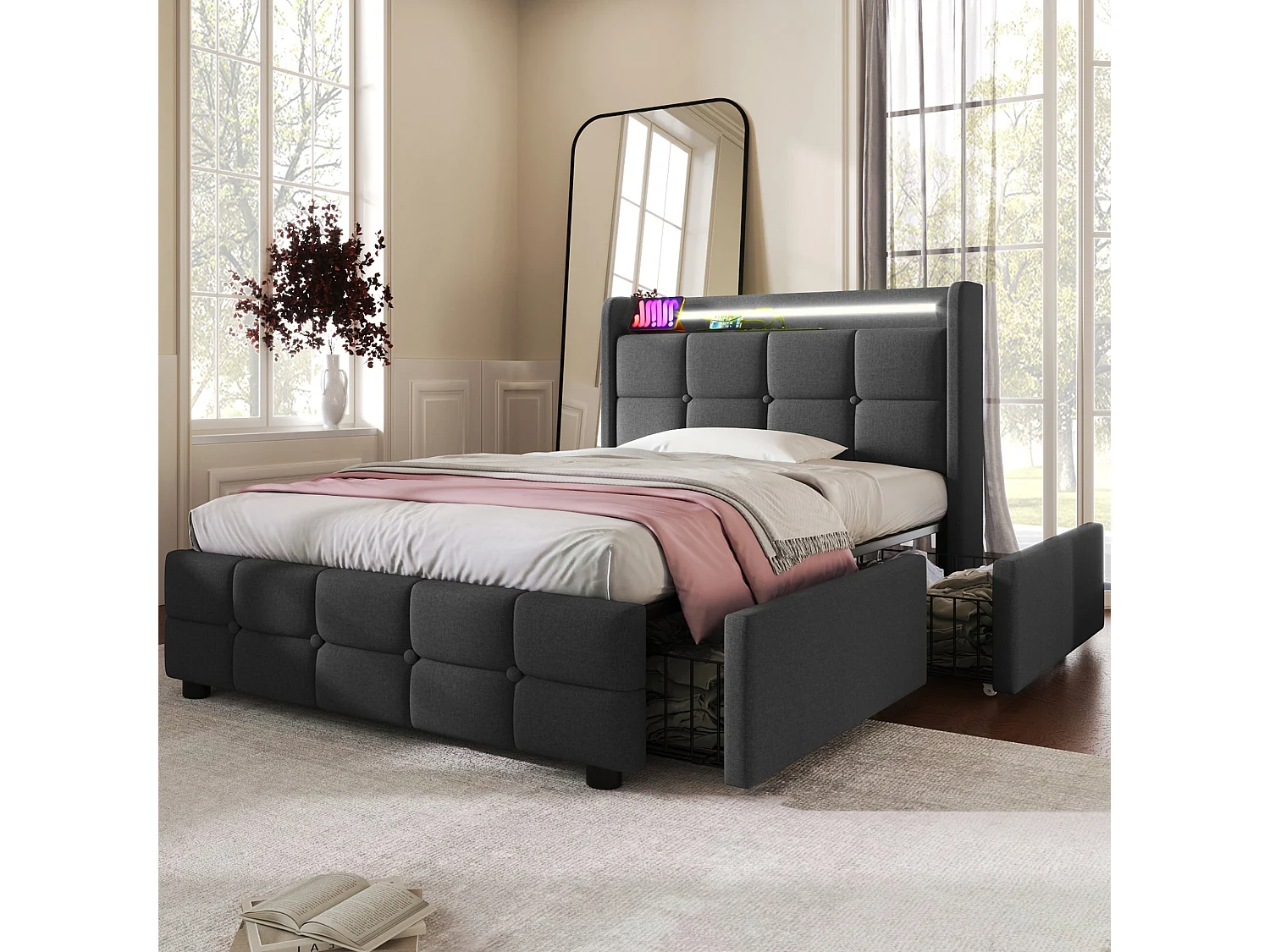 Lit double 140x200 cm, gris, avec prises USB, LED télécommandé, 2 tiroirs de rangement, sans matelas