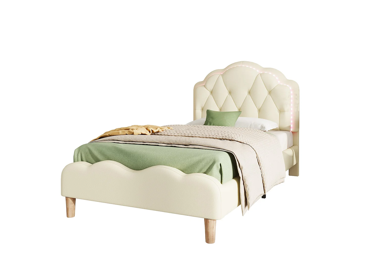 Lit simple 90x200 cm, PU beige, avec tête de lit ondulée et LED multicolores, sans matelas